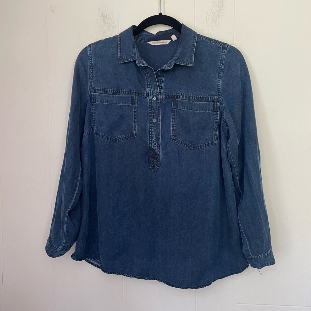 Soft Surroundings Boulevard Button Tunic Shirt Blue Chambray Roll Tab ~ Size XS